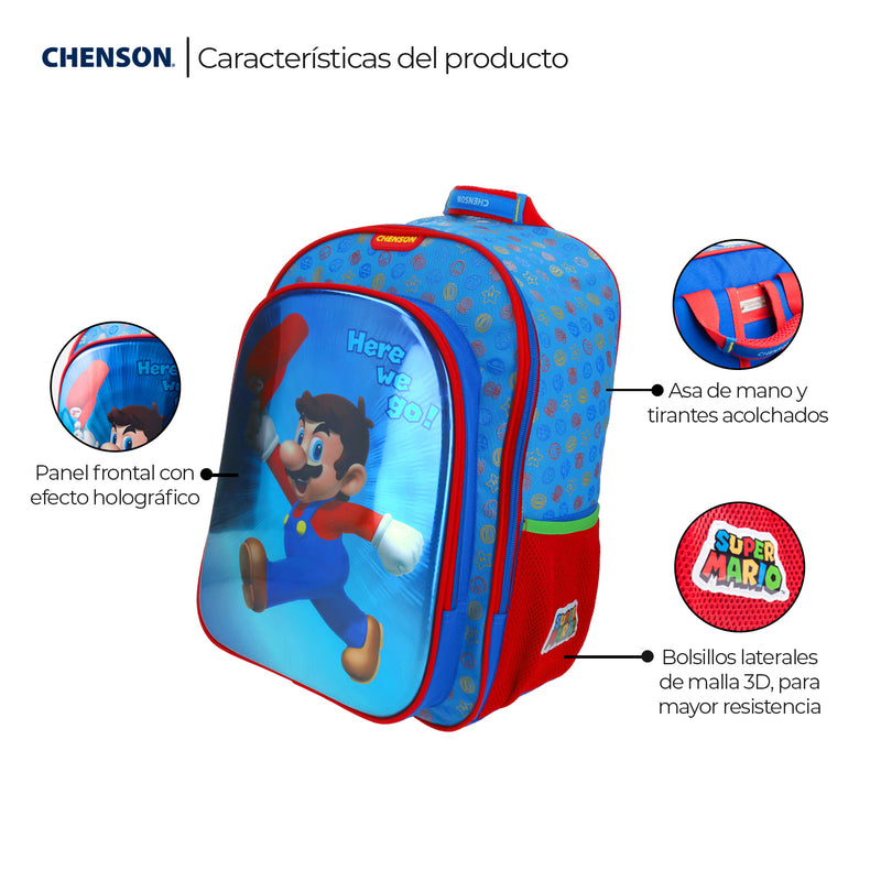 Mochila Grande Azul Chenson Mario Bros Primaria FLASHY para niño