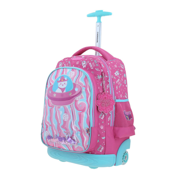 Mochila Rosa con Ruedas con Gatito y Confeti Encapsulado Happy Girl Ajua