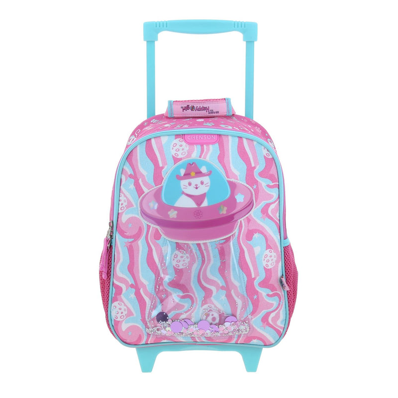 Mochila Rosa con Ruedas con Gatito y Confeti Encapsulado Happy Girl Ajua