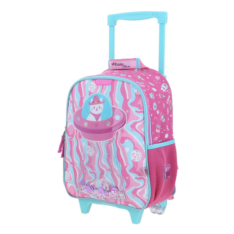 Mochila Rosa con Ruedas con Gatito y Confeti Encapsulado Happy Girl Ajua