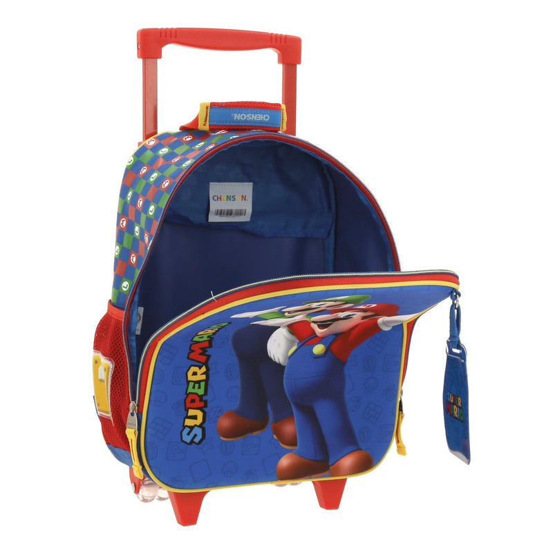 Mochila Con Ruedas Chica Para Niño Chenson Mario Bros Azul Armin